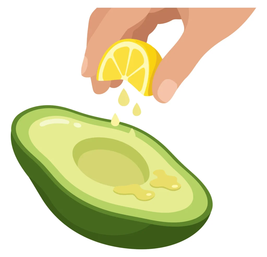 A hand pouring lemon juice onto a cut avocado half in an illustration