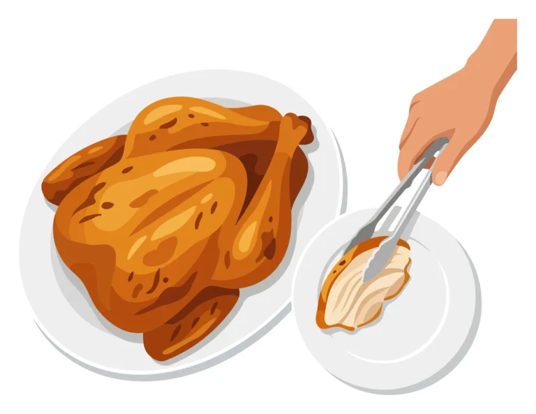 A roast turkey on a plate with gravy and a spoon beside it in an illustration style