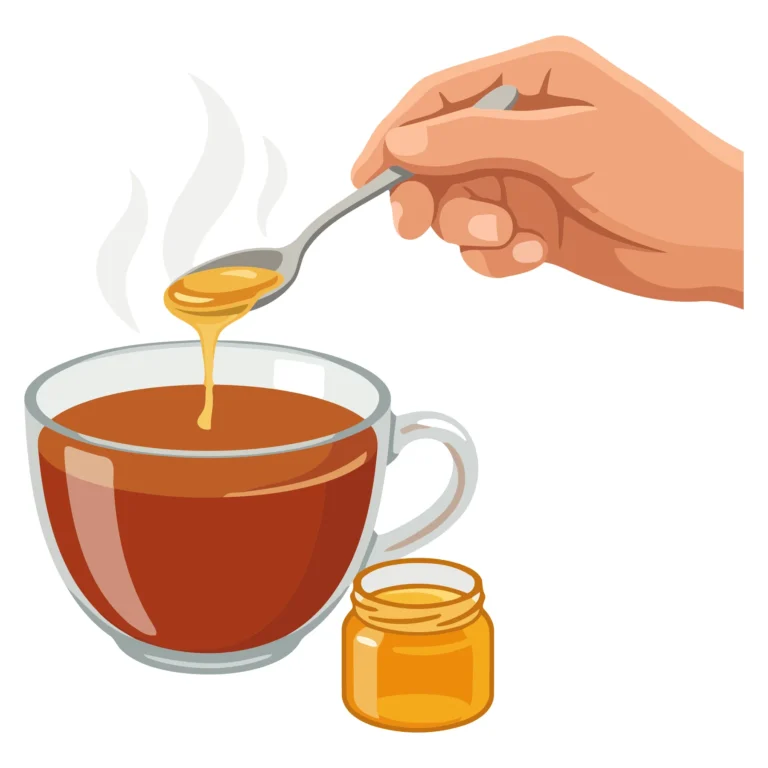A hand pouring honey into a cup of hot tea with a small honey jar nearby in an illustration style.