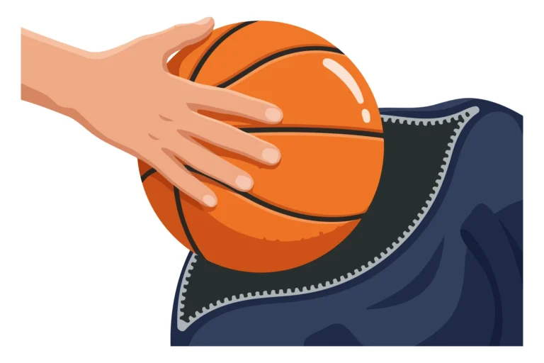 A hand holding an orange basketball in an abstract, stylized illustration