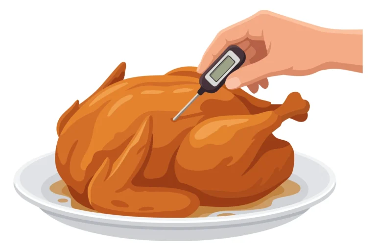 A hand checks a roasted turkey's temperature with a thermometer on a plate.