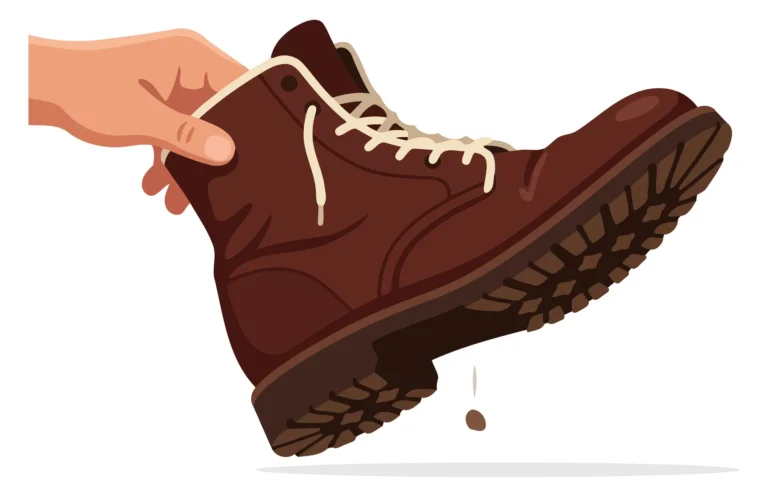A hand tying the laces of a brown leather boot with a red rubber sole in an illustration