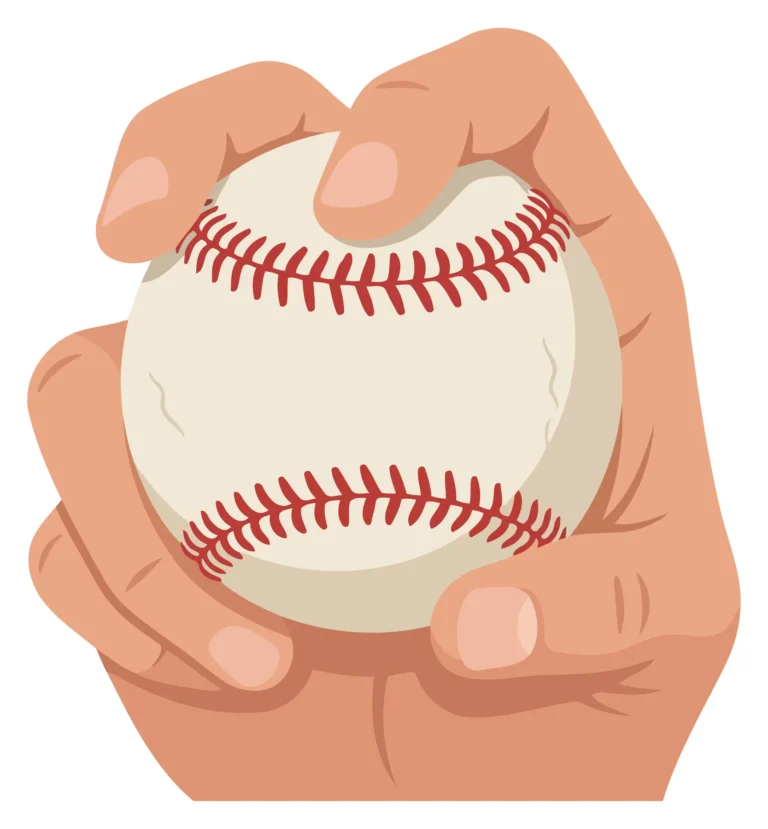 A hand holding a baseball with red stitches