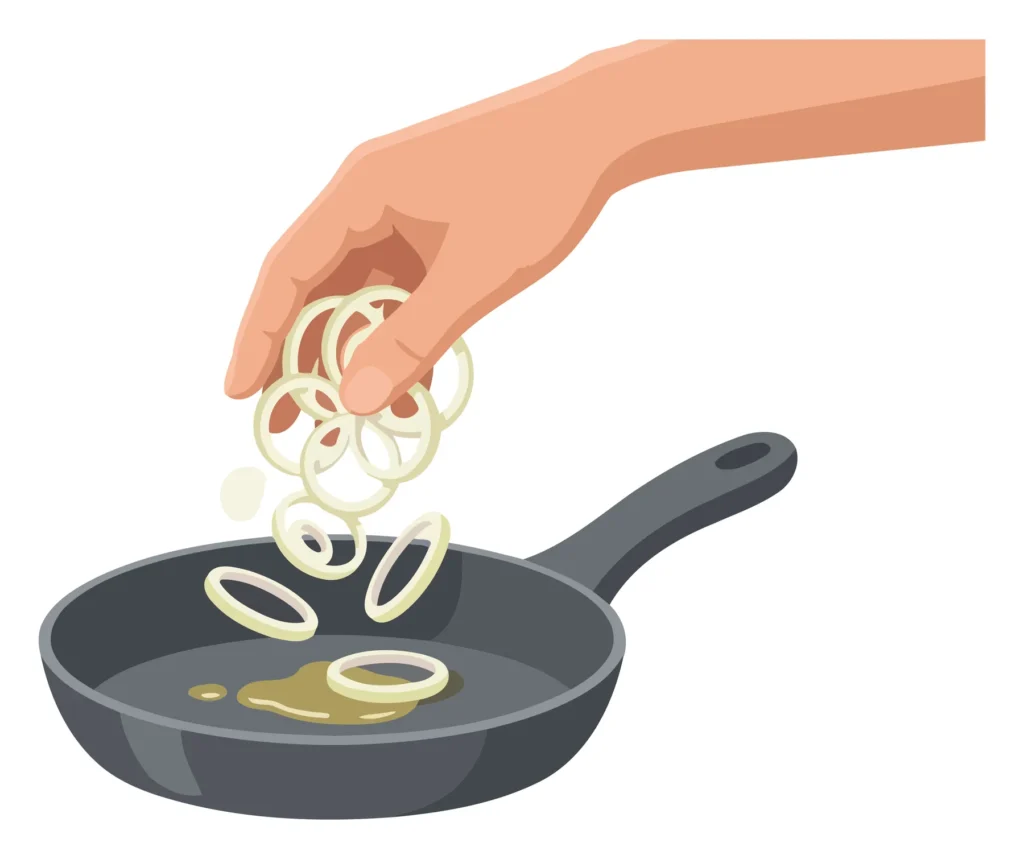 A stylized illustration of a hand pouring caramelized onions into a pan