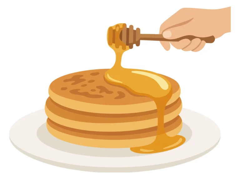 A hand drizzling honey over a stack of pancakes in an illustration
