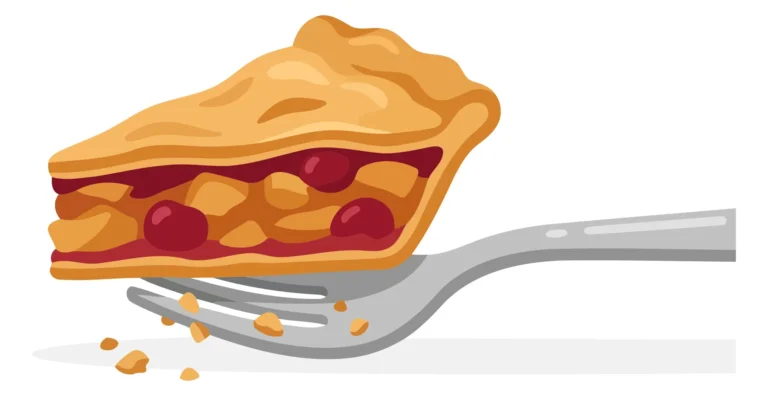 A stylized illustration of a slice of cherry pie with a fork and crumbs around it