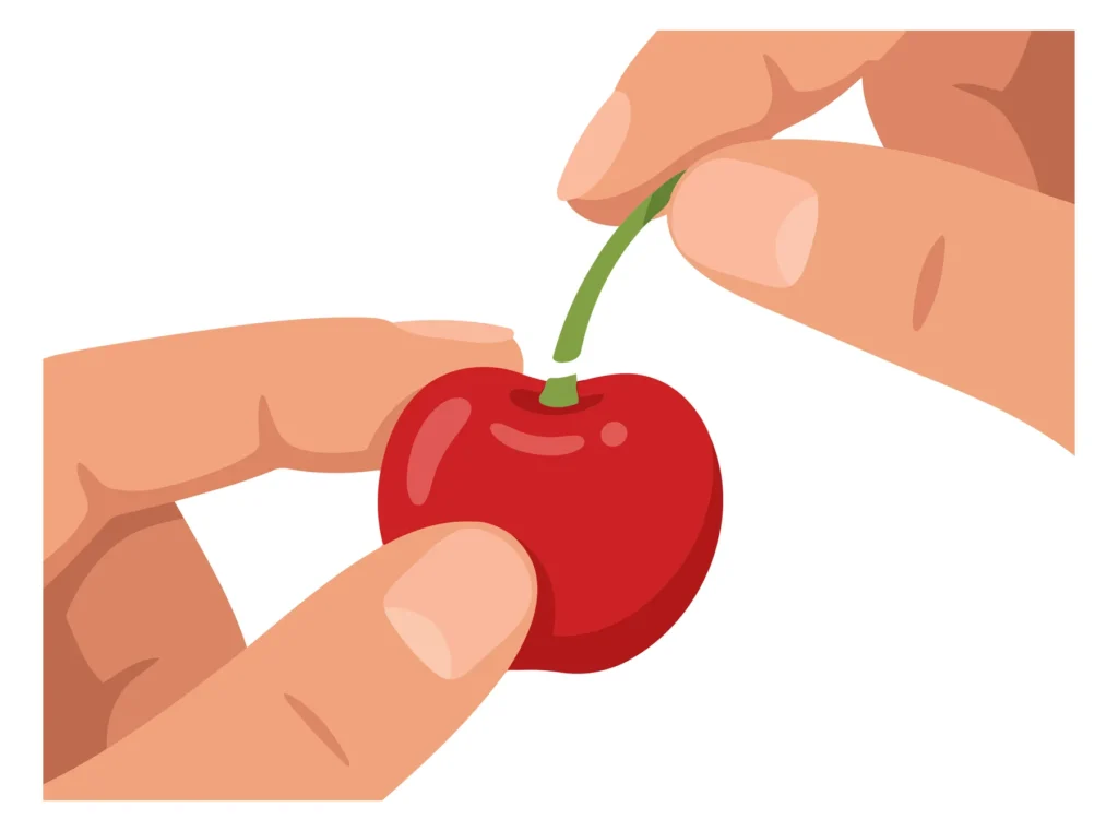 A hand holding a single red cherry with a green stem in a simple vector illustration