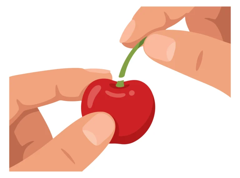 A hand holding a single red cherry with a green stem in a simple vector illustration