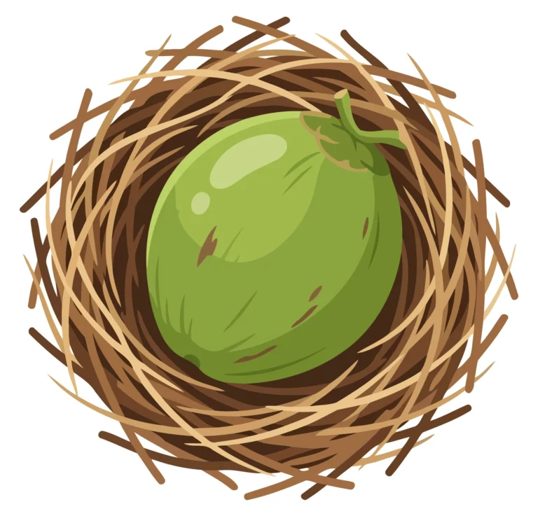 A bird's nest with a green fruit inside, illustrated in a clean, stylized vector design.