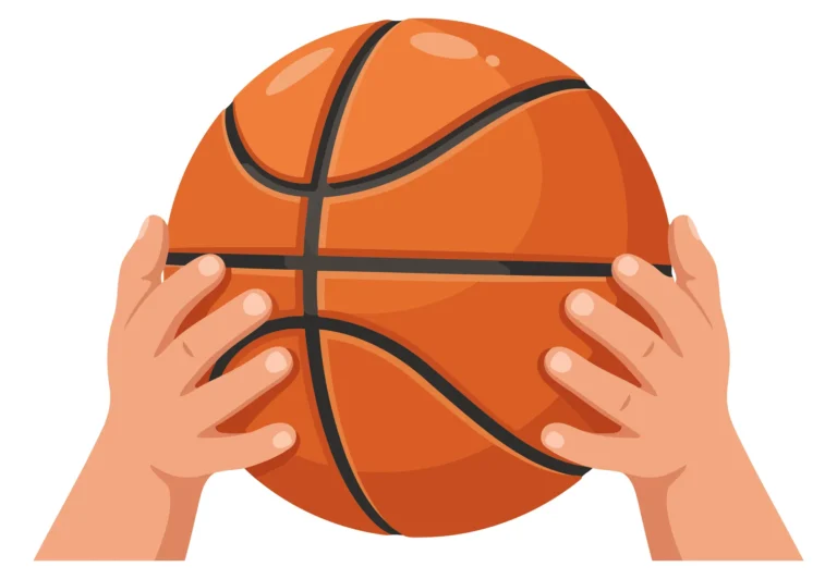 A person’s hands holding an orange basketball with white stitching lines