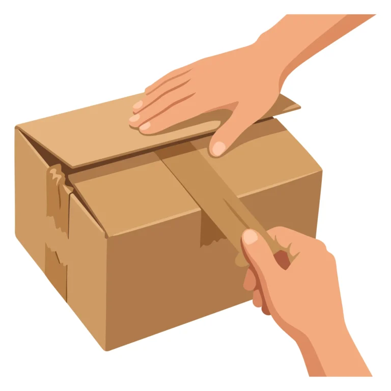 Person cutting tape on cardboard box with hands