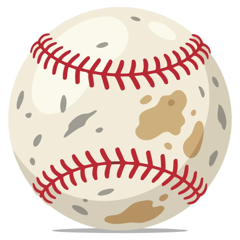 A stylized vector illustration of a damaged baseball with red stitching and a cracked surface