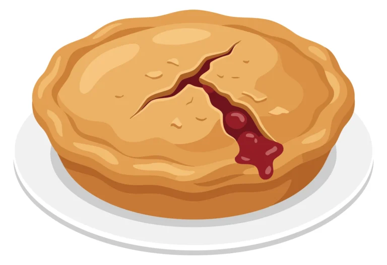 A flat design illustration of a pie with a red sauce drizzle on top