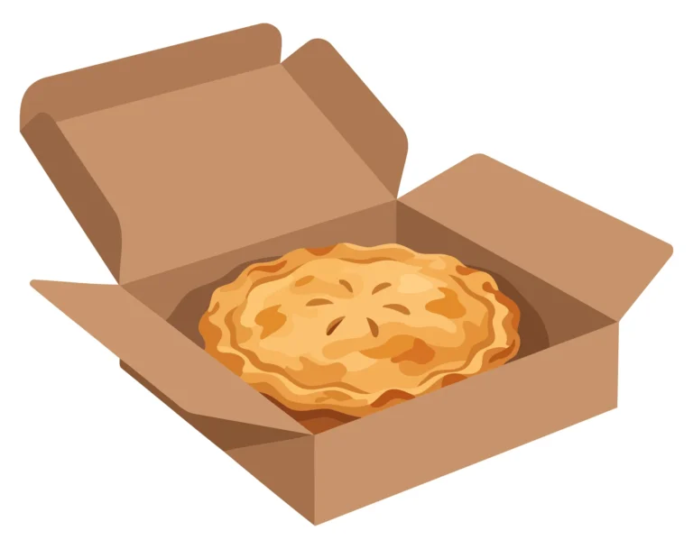 A golden pie with flaky crust in an open cardboard box