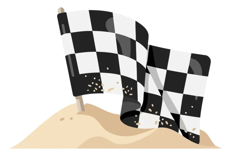 A checkered racing flag waving in a desert landscape with black and white squares.