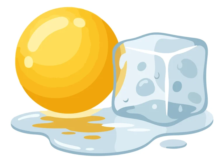 A bright orange fruit melting onto an ice cube with water droplets in an abstract illustration