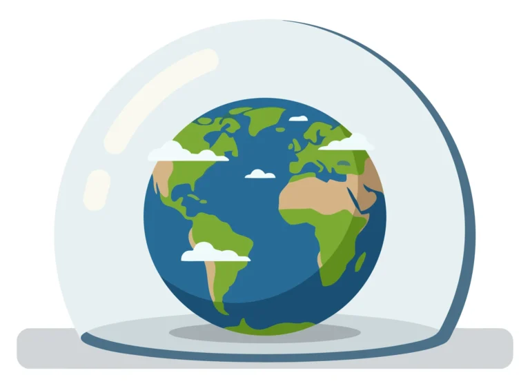 A stylized globe inside a transparent dome illustration