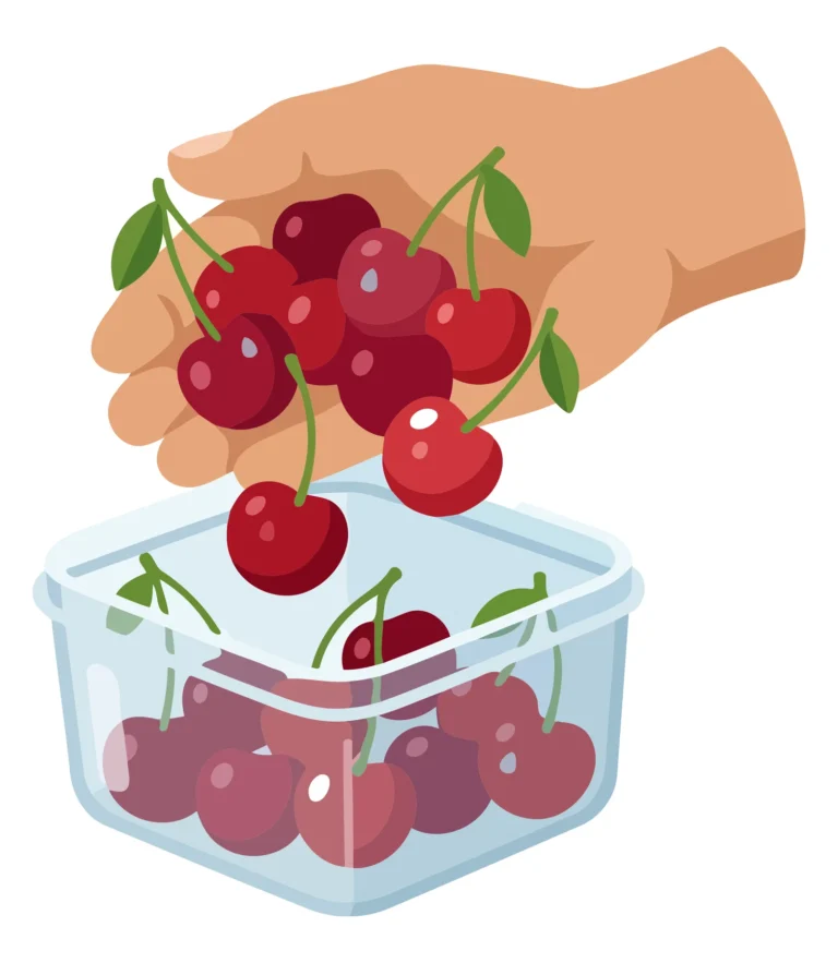 Hand holding fresh cherries over a clear container
