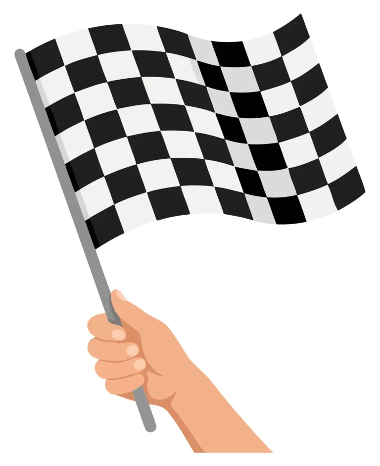 Checkered flag raised by hand in vector illustration