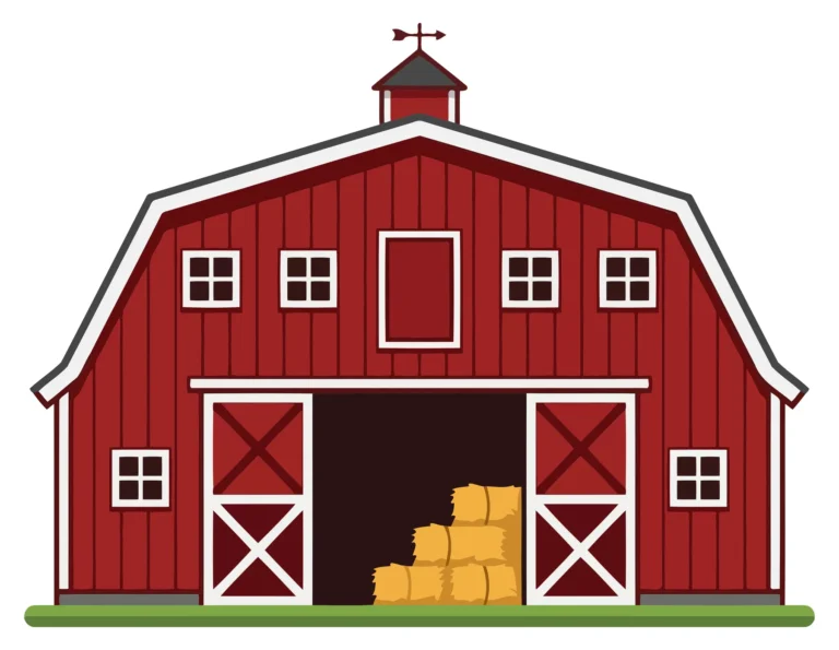 Red Barn with Hay Stacks Vector Illustration