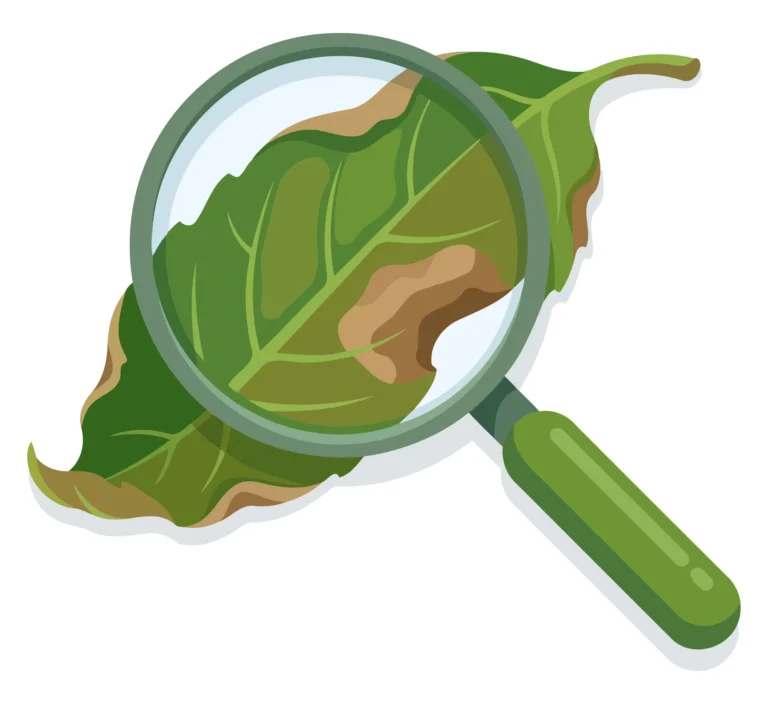 Magnifying glass examining a detailed leaf illustration