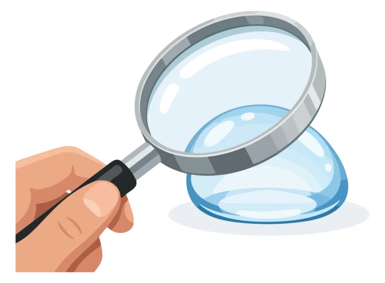Hand holding magnifying glass examining transparent circular object