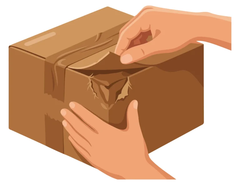 Person opening a damaged cardboard box with hands