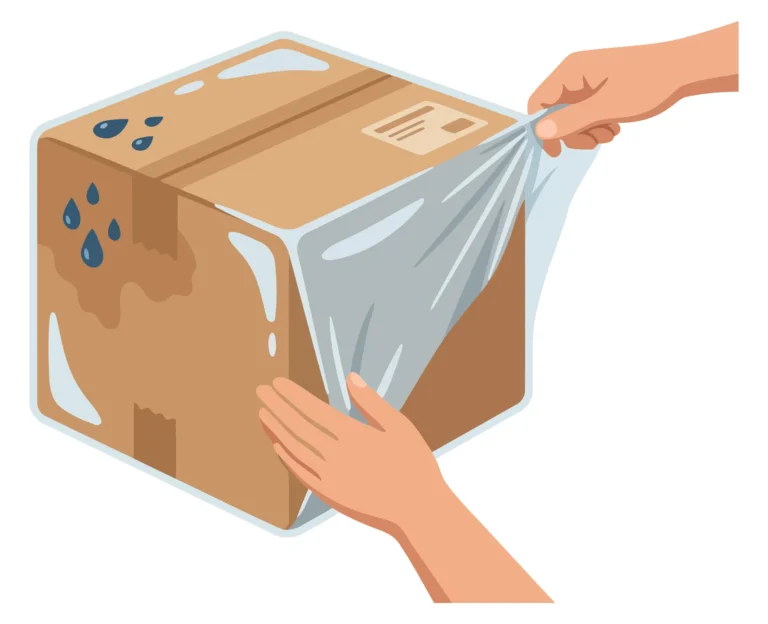 Person unzipping a wrapped cardboard box