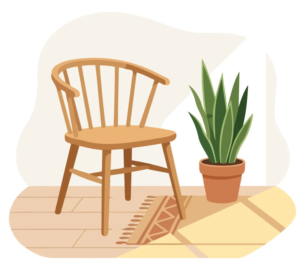 Minimalist Wooden Chair with Indoor Plant and Garden Tools djhrfghdghgdfhfghdgfhdghf (856)
