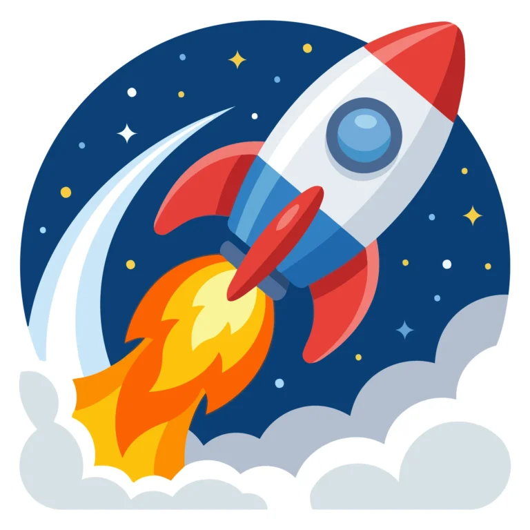 Space-themed rocket illustration with vibrant flames