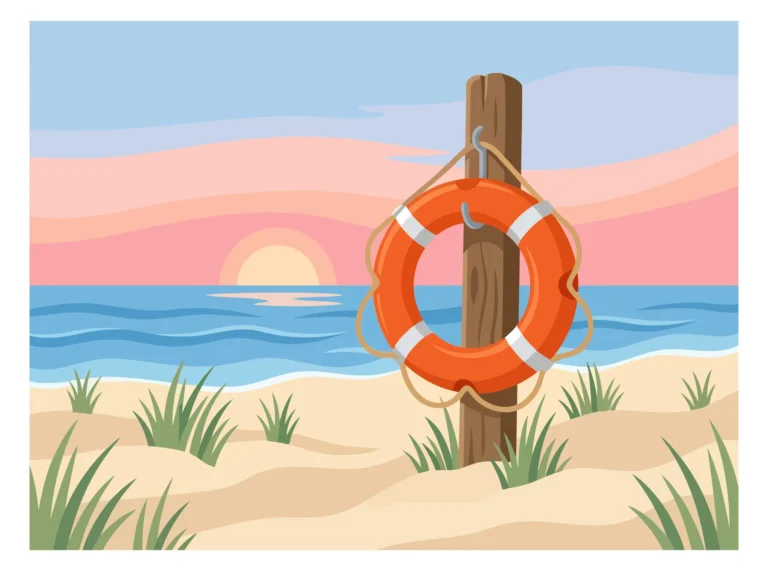 Vector lifebuoy on wooden post by seaside sunset