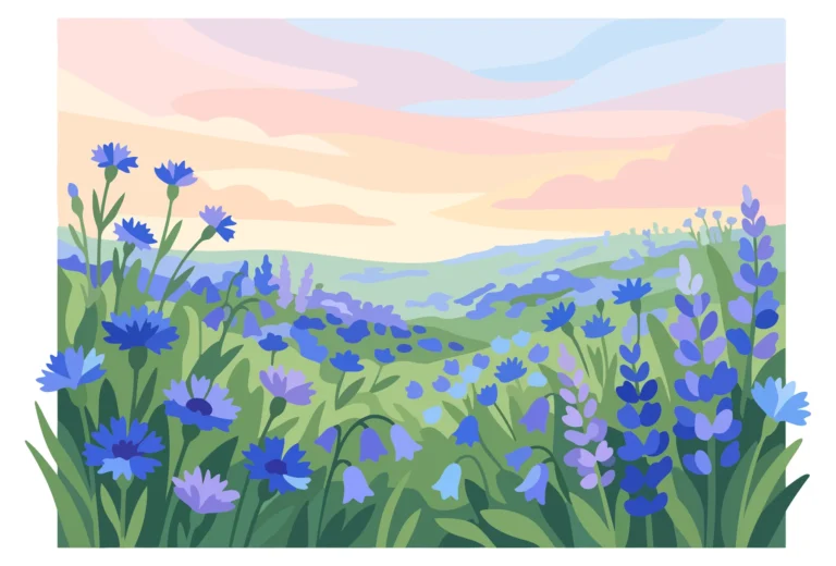 Lush Meadow of Blue Wildflowers at Sunset