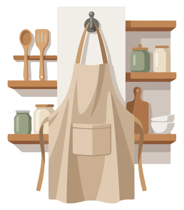 Minimalist Kitchen Apron with Wooden Utensils and Shelves