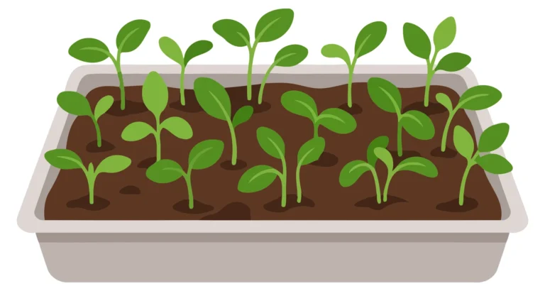 Vector illustration of young seedlings growing in soil tray